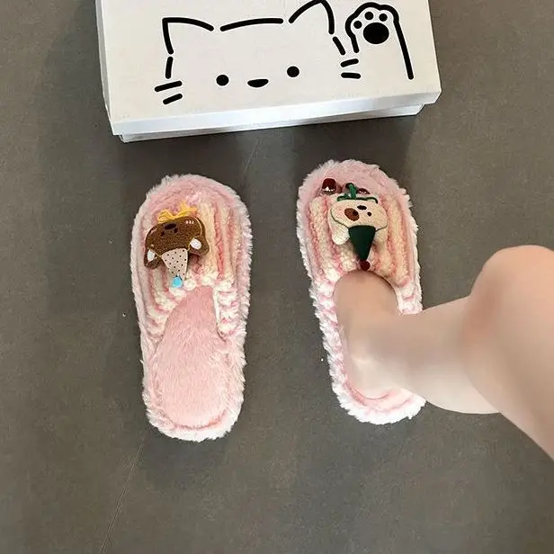Fashionable and Versatile Retro-Style Cute Bear Fur Slippers for Women 2026 Autumn and Winter New Striped Plush Cotton Slippers