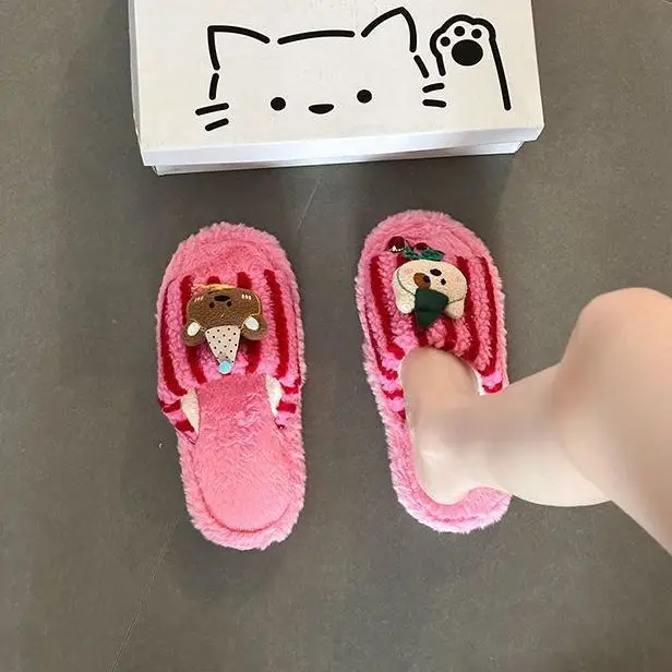 Fashionable and Versatile Retro-Style Cute Bear Fur Slippers for Women 2026 Autumn and Winter New Striped Plush Cotton Slippers