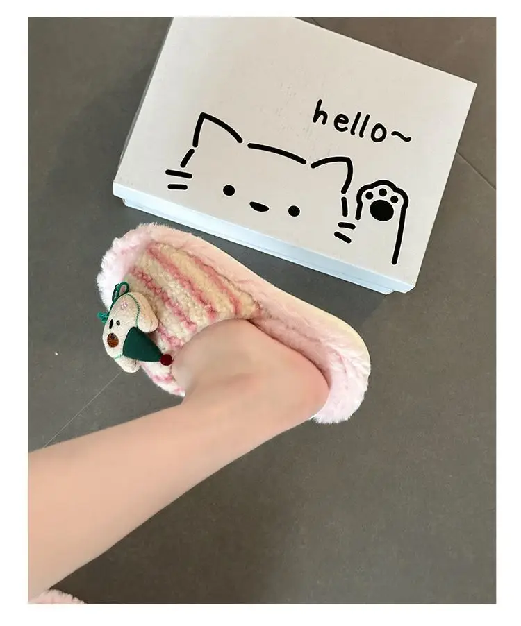 Fashionable and Versatile Retro-Style Cute Bear Fur Slippers for Women 2026 Autumn and Winter New Striped Plush Cotton Slippers — feature 10