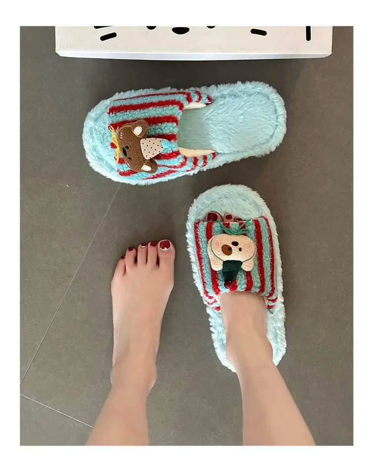Fashionable and Versatile Retro-Style Cute Bear Fur Slippers for Women 2026 Autumn and Winter New Striped Plush Cotton Slippers — feature 12