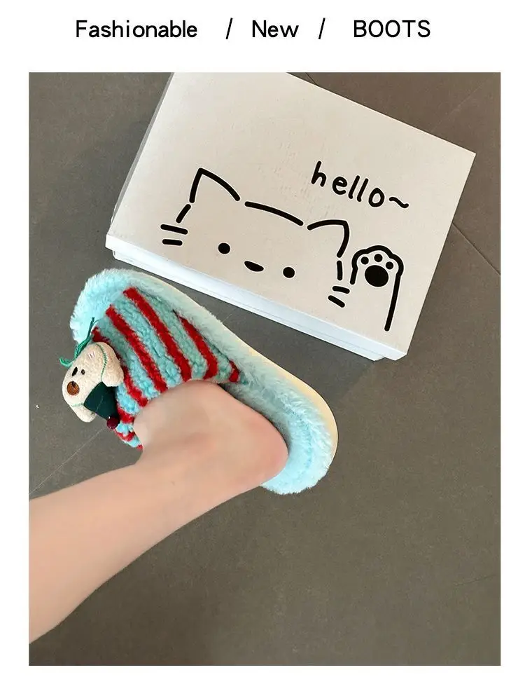 Fashionable and Versatile Retro-Style Cute Bear Fur Slippers for Women 2026 Autumn and Winter New Striped Plush Cotton Slippers — feature 13
