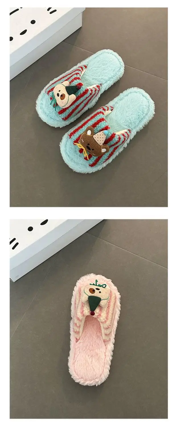 Fashionable and Versatile Retro-Style Cute Bear Fur Slippers for Women 2026 Autumn and Winter New Striped Plush Cotton Slippers — feature 14