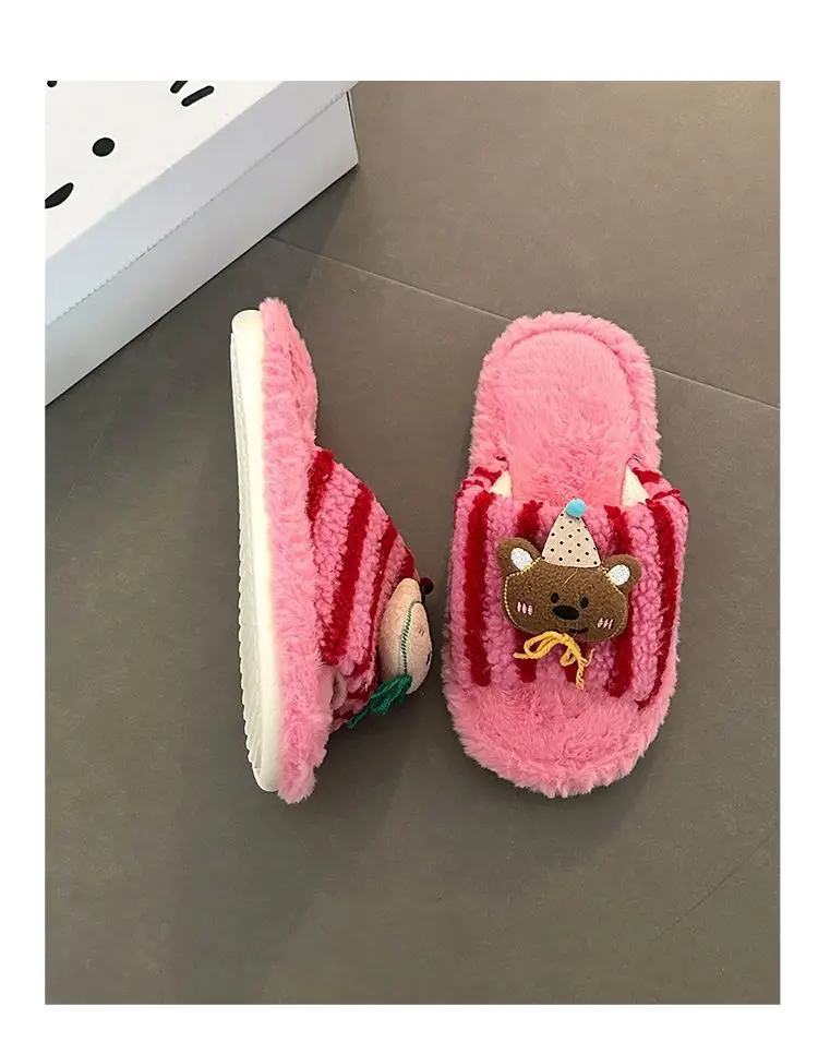 Fashionable and Versatile Retro-Style Cute Bear Fur Slippers for Women 2026 Autumn and Winter New Striped Plush Cotton Slippers — feature 15