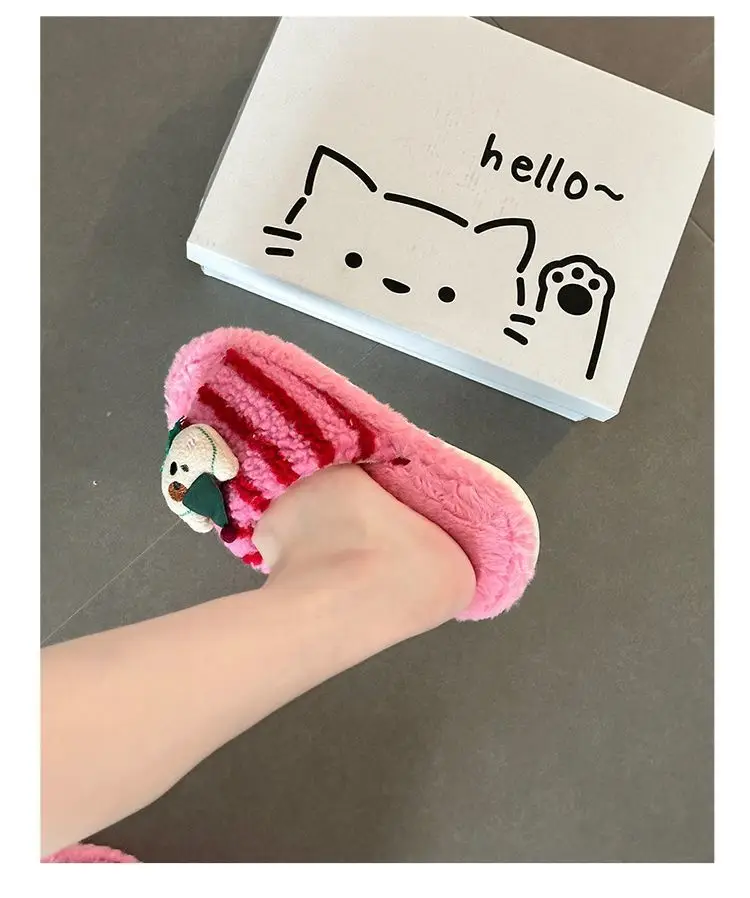 Fashionable and Versatile Retro-Style Cute Bear Fur Slippers for Women 2026 Autumn and Winter New Striped Plush Cotton Slippers — feature 7