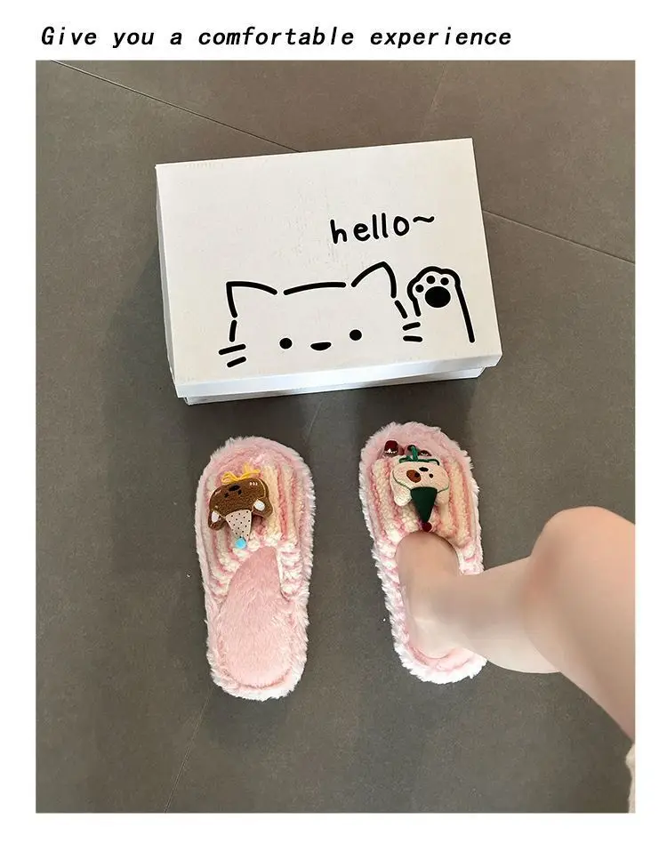 Fashionable and Versatile Retro-Style Cute Bear Fur Slippers for Women 2026 Autumn and Winter New Striped Plush Cotton Slippers — feature 8