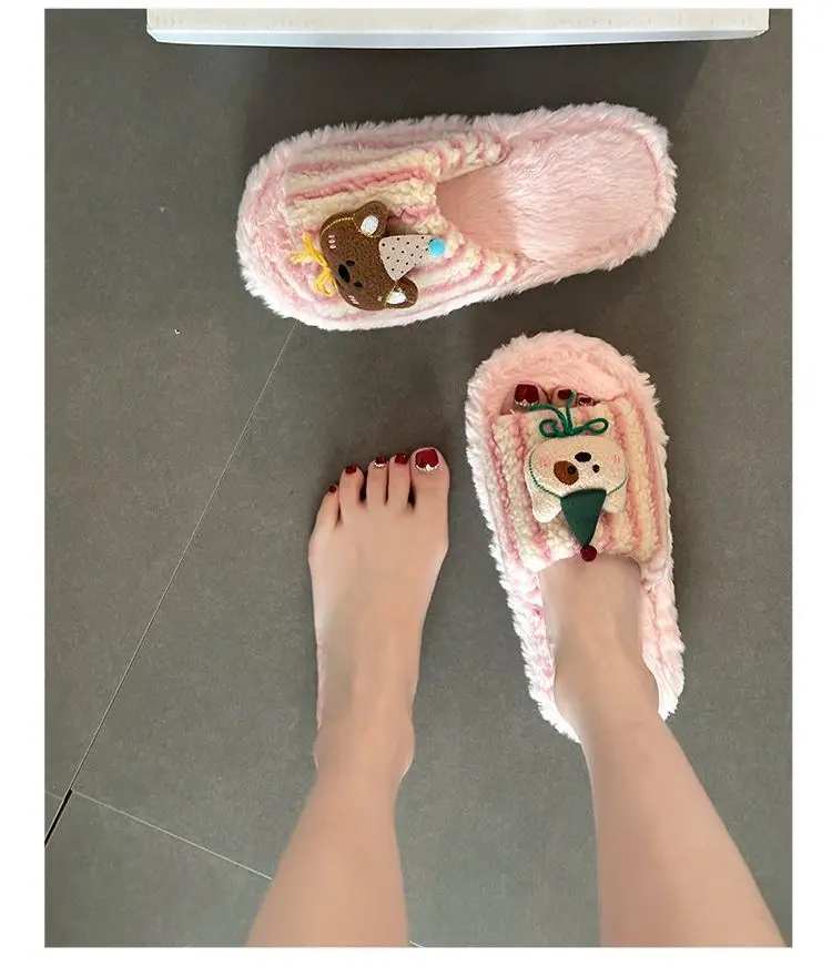 Fashionable and Versatile Retro-Style Cute Bear Fur Slippers for Women 2026 Autumn and Winter New Striped Plush Cotton Slippers — feature 9