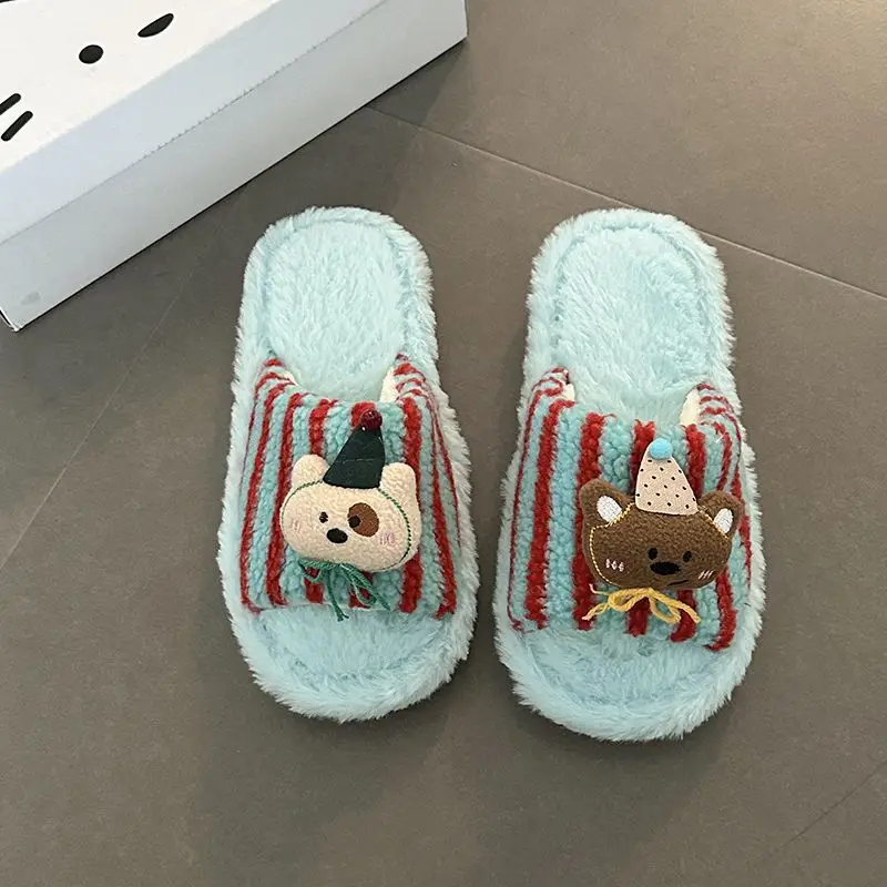 Fashionable and Versatile Retro-Style Cute Bear Fur Slippers for Women 2026 Autumn and Winter New Striped Plush Cotton Slippers
