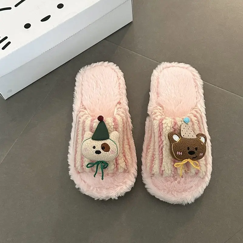 Fashionable and Versatile Retro-Style Cute Bear Fur Slippers for Women 2026 Autumn and Winter New Striped Plush Cotton Slippers