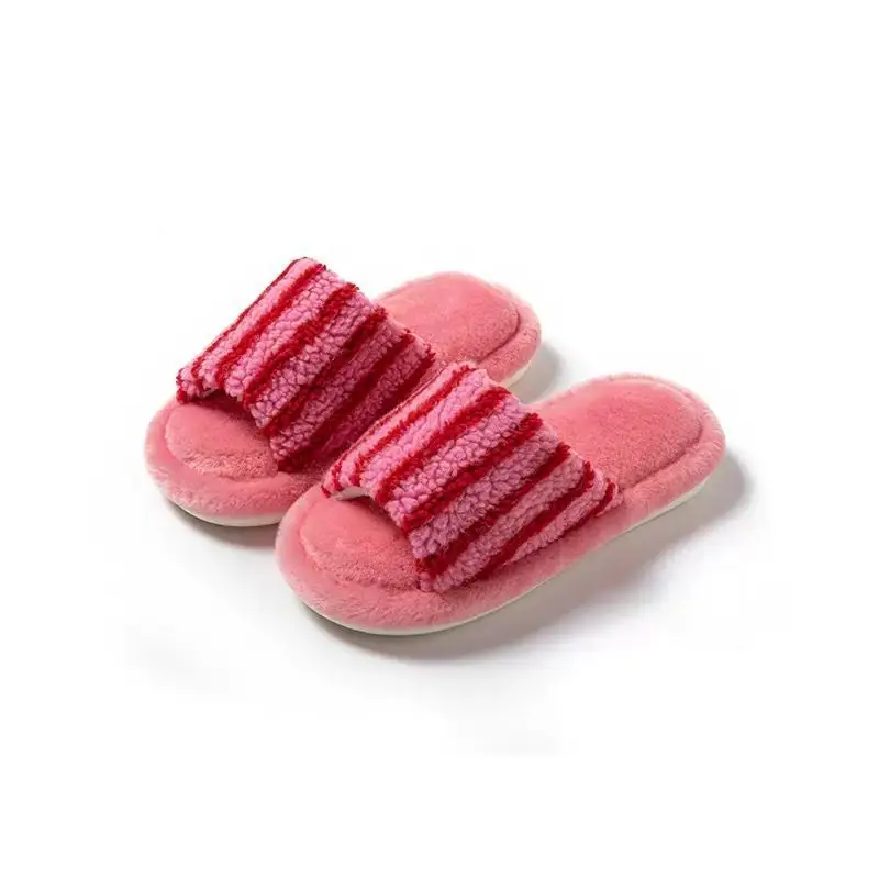 Fashionable and Versatile Retro-Style Cute Bear Fur Slippers for Women 2026 Autumn and Winter New Striped Plush Cotton Slippers