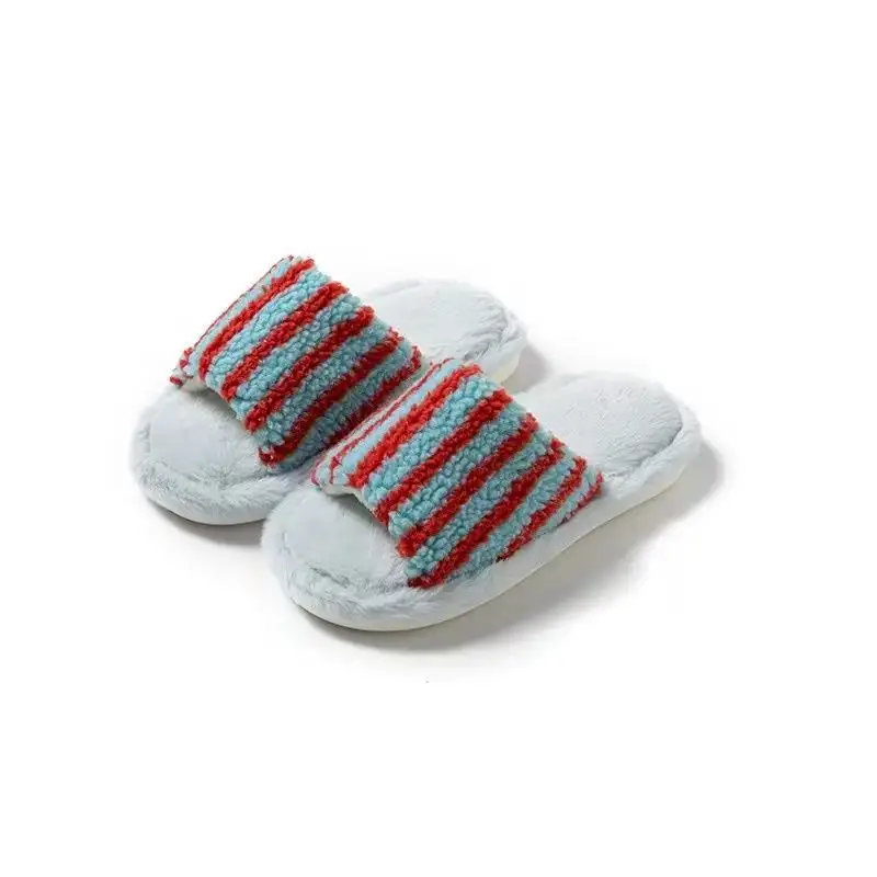 Fashionable and Versatile Retro-Style Cute Bear Fur Slippers for Women 2026 Autumn and Winter New Striped Plush Cotton Slippers
