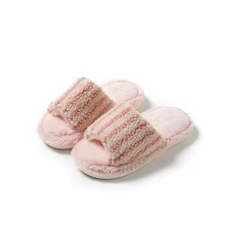 Fashionable and Versatile Retro-Style Cute Bear Fur Slippers for Women 2026 Autumn and Winter New Striped Plush Cotton Slippers