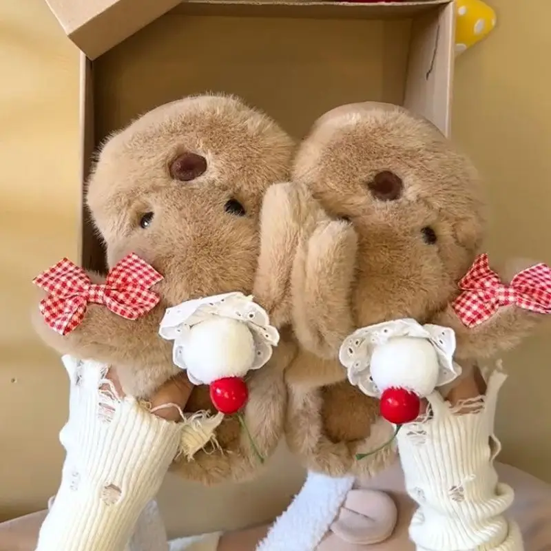 Women Cute Butter Bear Furry Slippers Winter Warm Anti-Slip — feature 14