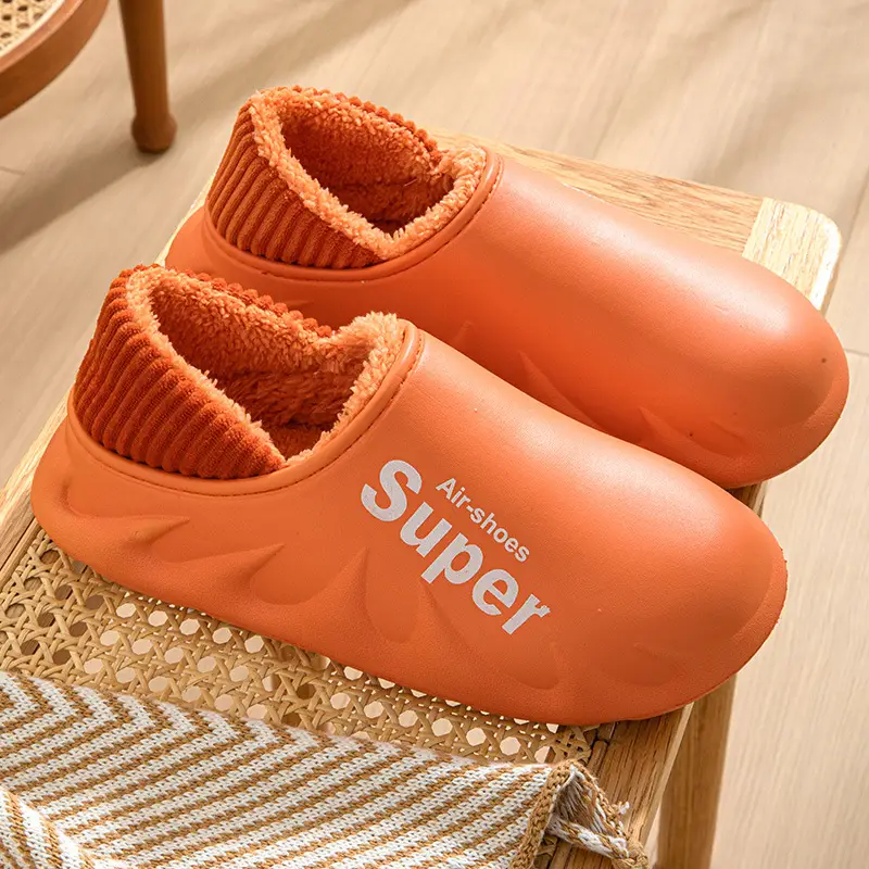 Waterproof Cotton Slippers for Women Winter 2024 New Indoor Home Warm Fleece-Lined Confinement Cotton Shoes for Men to Wear Outside in Winter