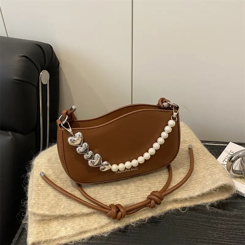 Pearl Chain Crossbody Bag Tan Leather Autumn 2025 - Image 3