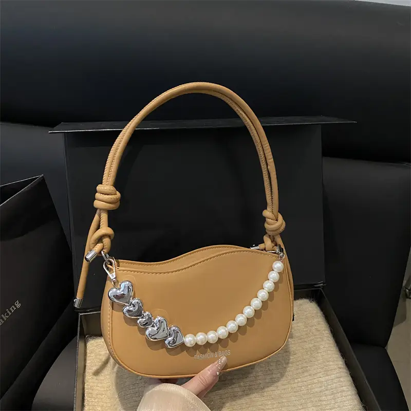Pearl Chain Crossbody Bag Tan Leather Autumn 2025 - Image 4