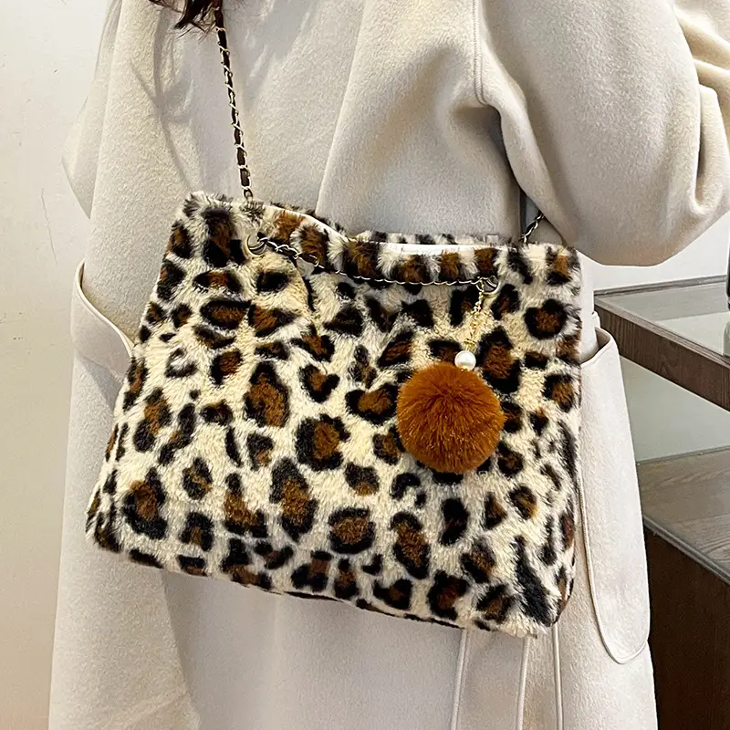 Leopard Print Chain Bag with Pom Pom - Image 4