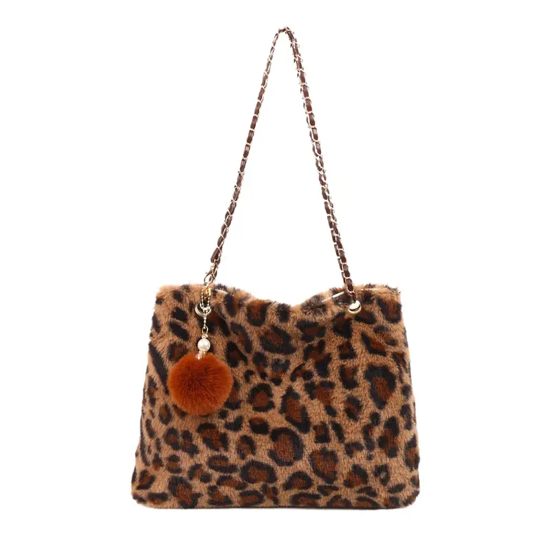 Leopard Print Chain Bag with Pom Pom - Image 5
