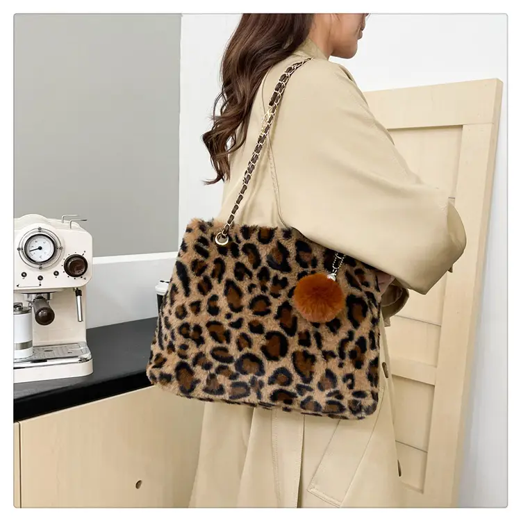Leopard Print Chain Bag with Pom Pom — feature 20