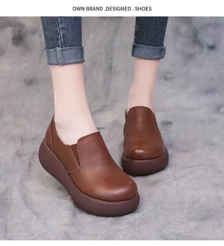 Mom's Platform Shoes Women's Casual Shoes 2025 Autum New Versatile Wedge Heels Retro Thick-Soled Non-Slip Leather Shoes — feature 5