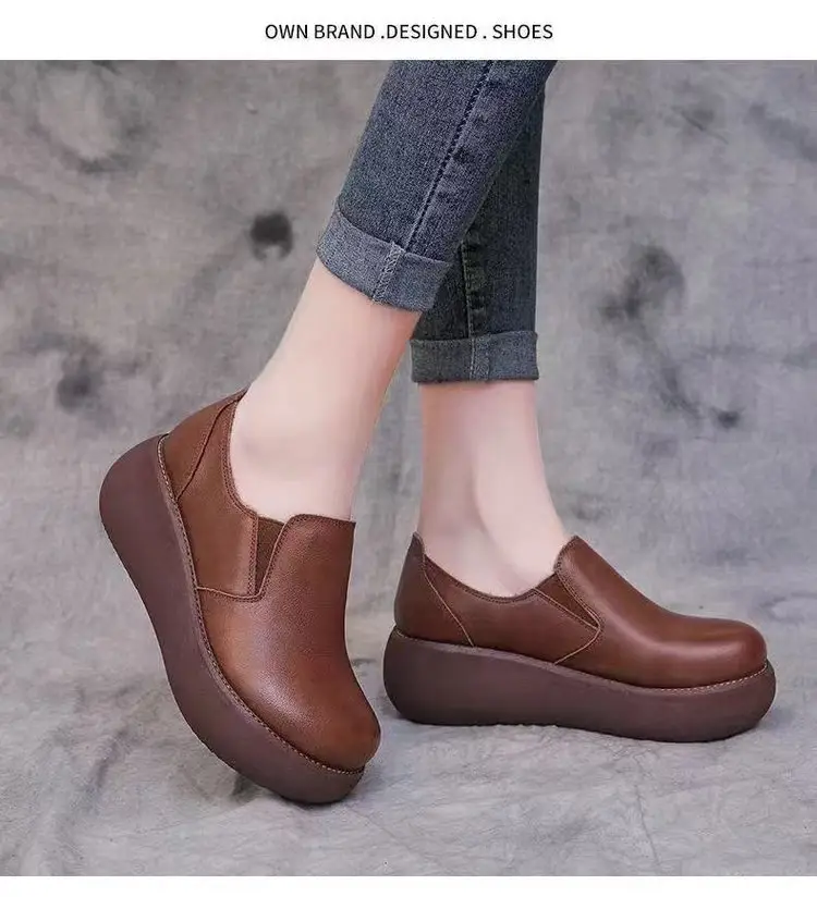 Mom's Platform Shoes Women's Casual Shoes 2025 Autum New Versatile Wedge Heels Retro Thick-Soled Non-Slip Leather Shoes — feature 7