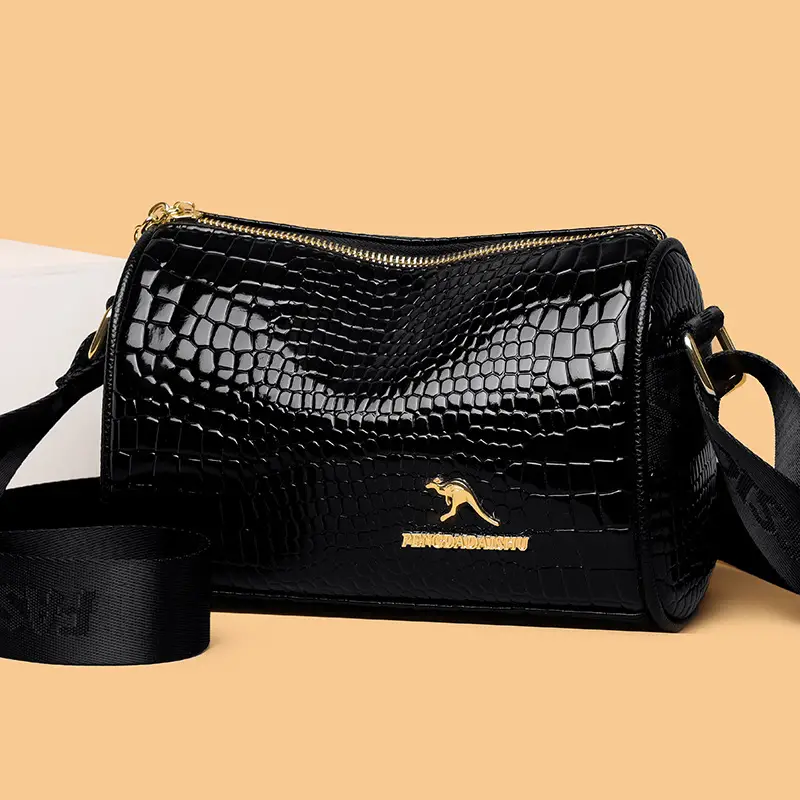 Women's Boston Snake Crossbody Bag Black Croc Leather - Image 4
