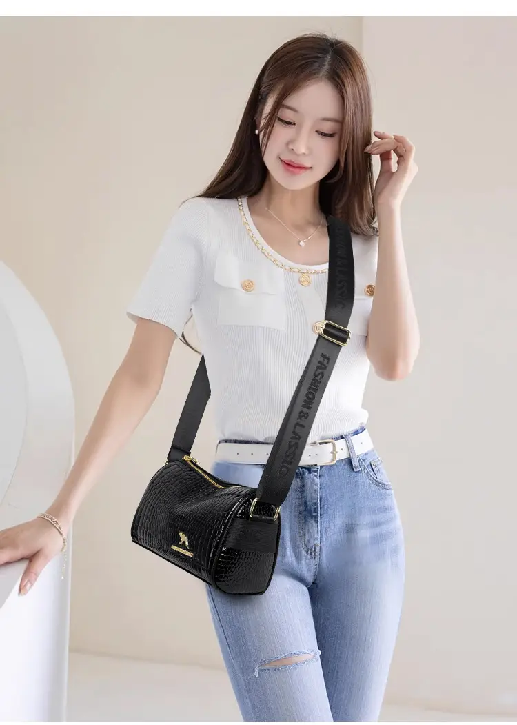 Women's Boston Snake Crossbody Bag Black Croc Leather — feature 12