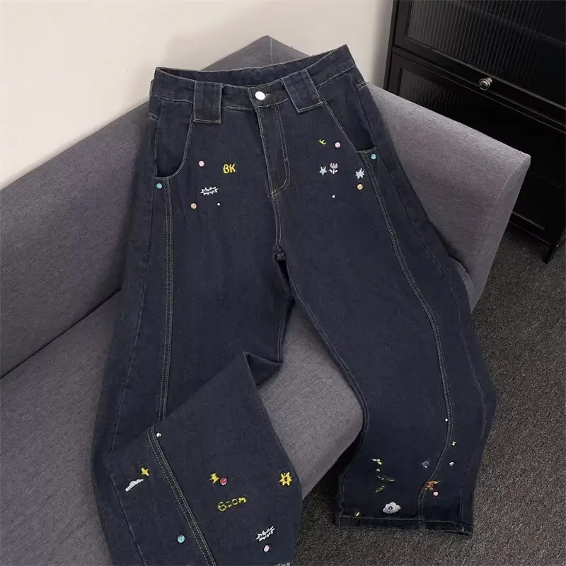 Dark Blue Stretch Jeans with Embroidered Details