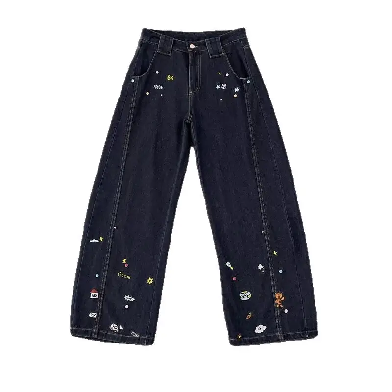 Dark Blue Stretch Jeans with Embroidered Details