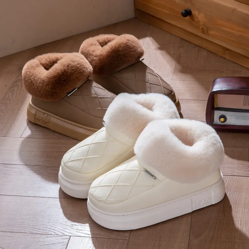 Waterproof Elderly Cotton Slippers for Women in Autumn and Winter Anti-Slip New Indoor Home Warm Pu Leather Slippers for Men Winter Cotton Shoes - Image 9