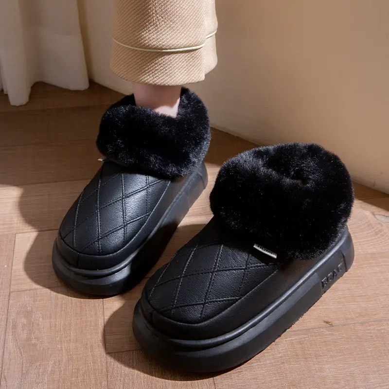 Waterproof Elderly Cotton Slippers for Women in Autumn and Winter Anti-Slip New Indoor Home Warm Pu Leather Slippers for Men Winter Cotton Shoes - Image 2