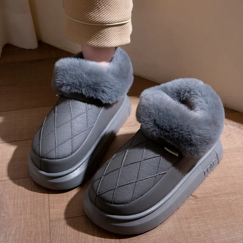 Waterproof Elderly Cotton Slippers for Women in Autumn and Winter Anti-Slip New Indoor Home Warm Pu Leather Slippers for Men Winter Cotton Shoes - Image 3