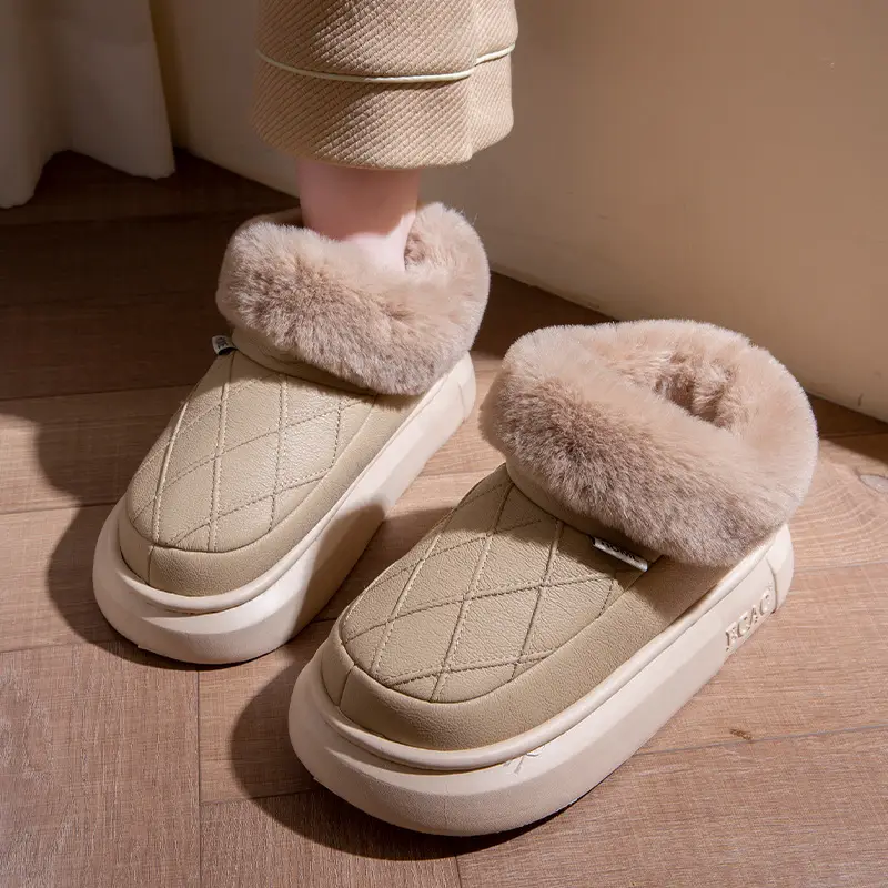 Waterproof Elderly Cotton Slippers for Women in Autumn and Winter Anti-Slip New Indoor Home Warm Pu Leather Slippers for Men Winter Cotton Shoes - Image 4
