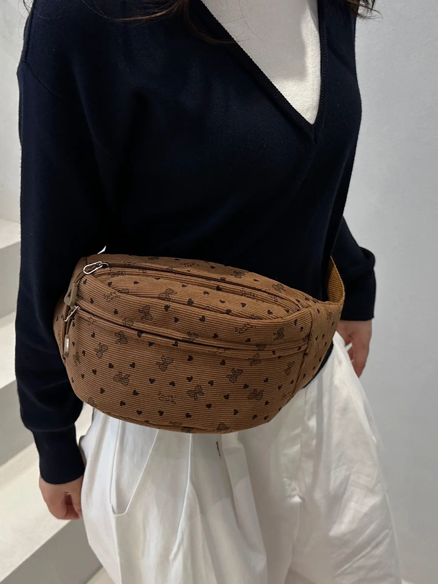 Women's White Printed Chest Bag with Adjustable Strap