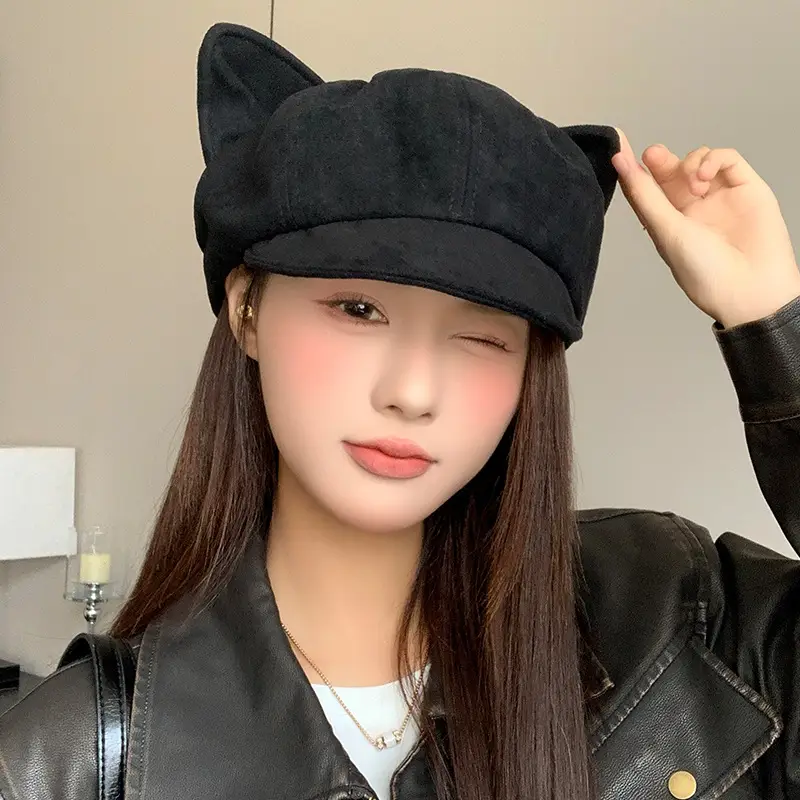 Suede Cat Ear Beret for Women Autumn Winter Face Slim Duckbill Newsboy Cap — feature 15