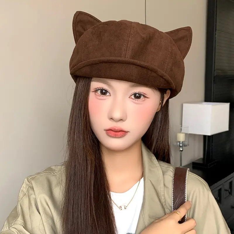 Suede Cat Ear Beret for Women Autumn Winter Face Slim Duckbill Newsboy Cap — feature 16