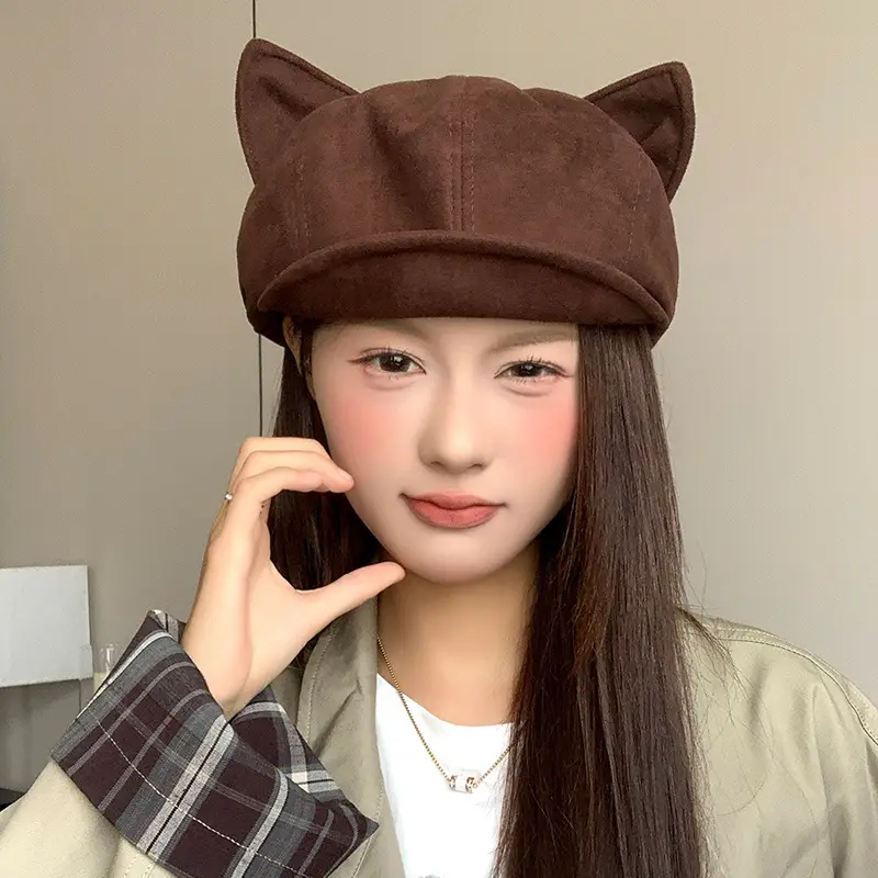 Suede Cat Ear Beret for Women Autumn Winter Face Slim Duckbill Newsboy Cap — feature 17