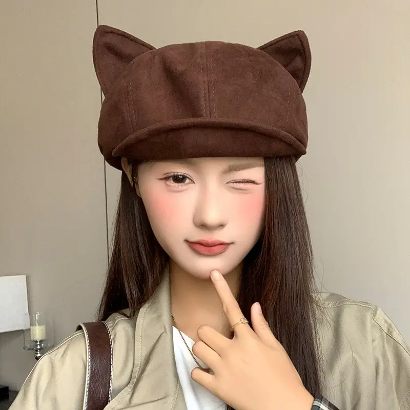 Suede Cat Ear Beret for Women Autumn Winter Face Slim Duckbill Newsboy Cap — feature 18