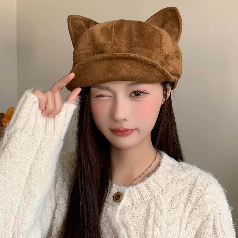 Suede Cat Ear Beret for Women Autumn Winter Face Slim Duckbill Newsboy Cap — feature 20