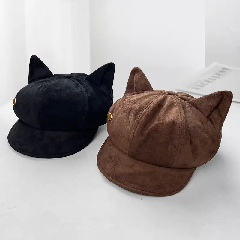 Suede Cat Ear Beret for Women Autumn Winter Face Slim Duckbill Newsboy Cap — feature 5