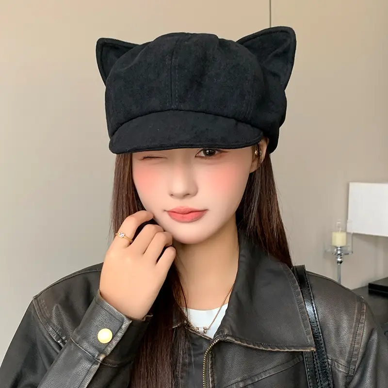 Suede Cat Ear Beret for Women Autumn Winter Face Slim Duckbill Newsboy Cap - Image 3
