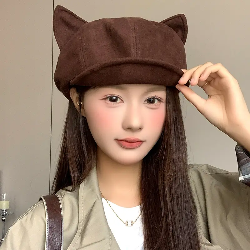 Suede Cat Ear Beret for Women Autumn Winter Face Slim Duckbill Newsboy Cap - Image 4
