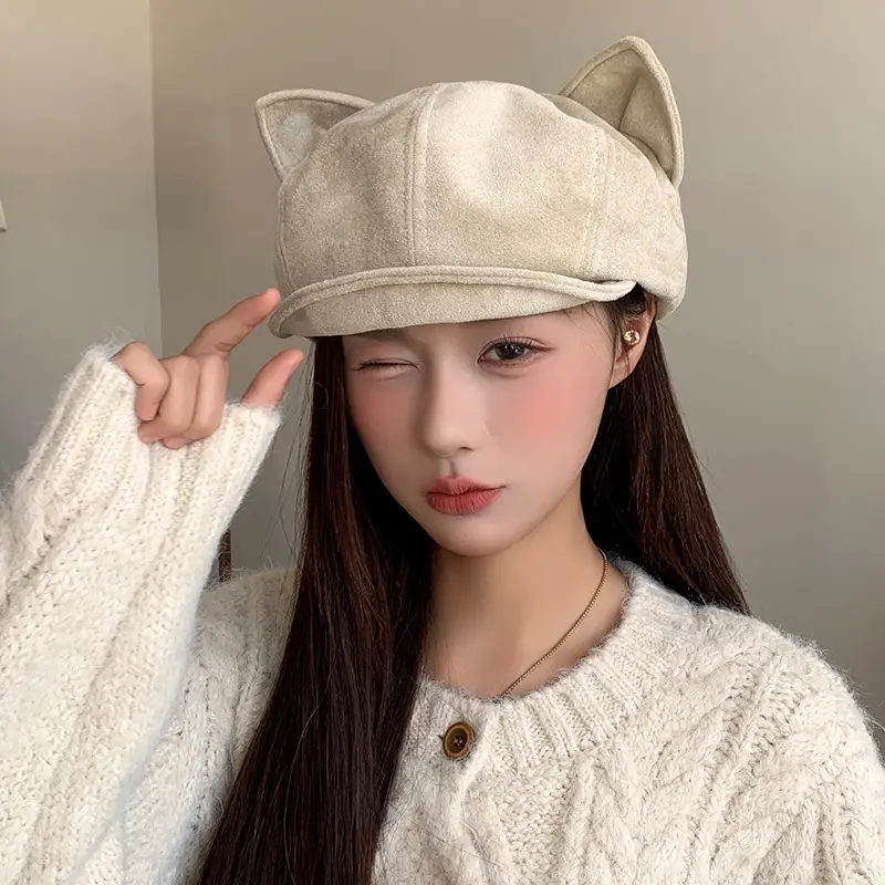 Suede Cat Ear Beret for Women Autumn Winter Face Slim Duckbill Newsboy Cap - Image 6