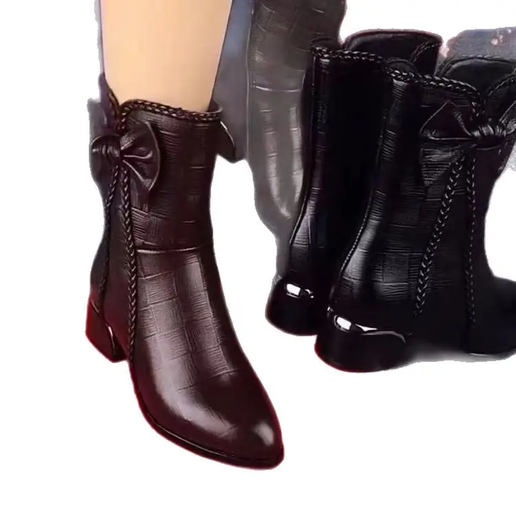 Women's Brown Leather Bow Heel Boots 2025 Winter - Image 6