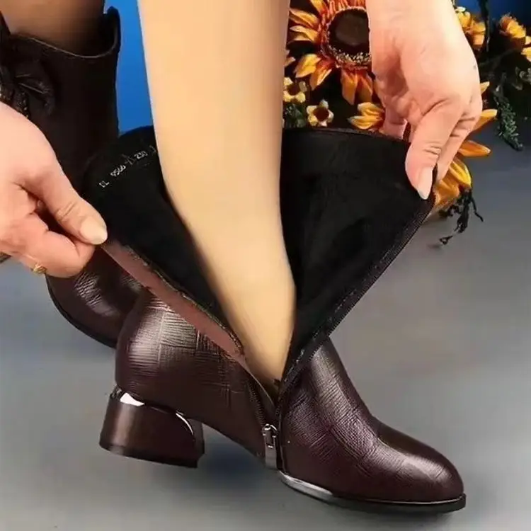 Women's Brown Leather Bow Heel Boots 2025 Winter — feature 1