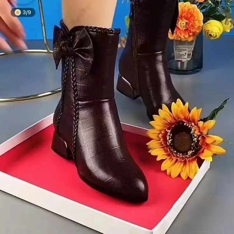 Women's Brown Leather Bow Heel Boots 2025 Winter — feature 10