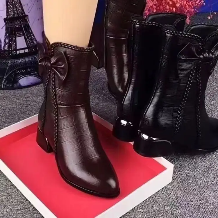Women's Brown Leather Bow Heel Boots 2025 Winter — feature 4