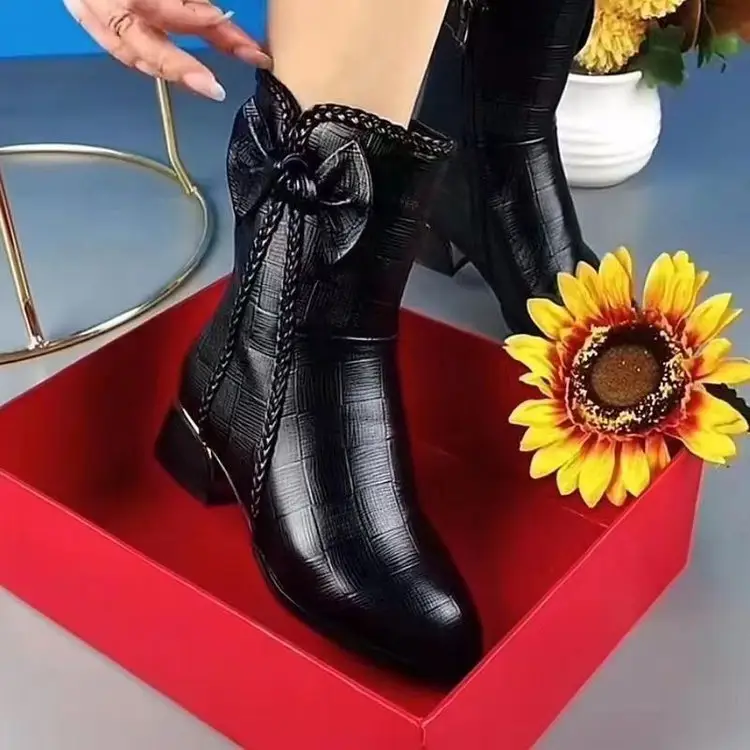 Women's Brown Leather Bow Heel Boots 2025 Winter — feature 9