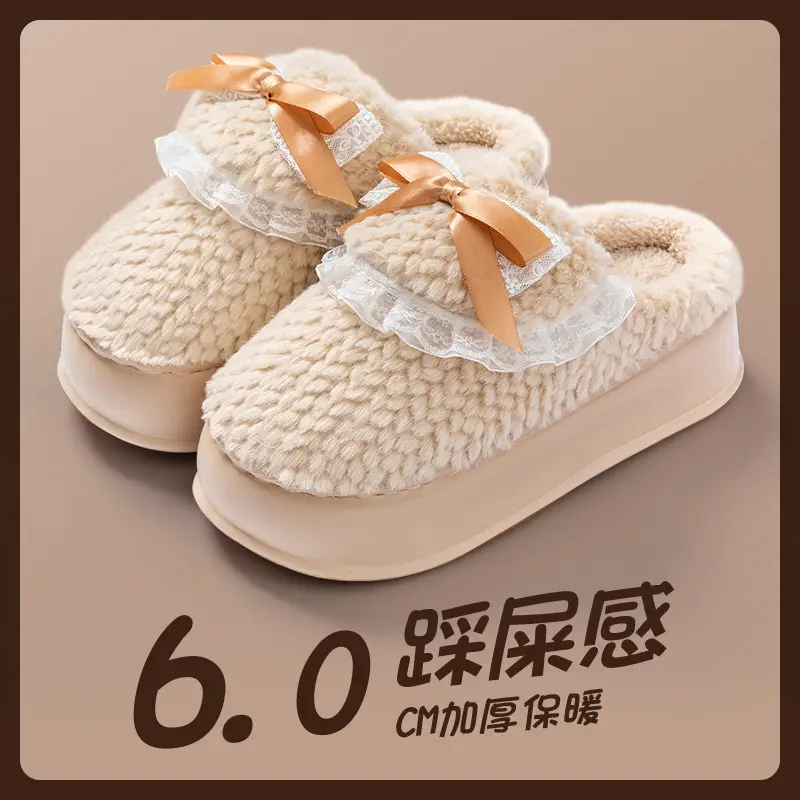 Cute Bow Women's Cotton Slippers 2025 New Autumn and Winter Home Indoor Non-Slip Warm Plush Cartoon Cotton Shoes - Image 3