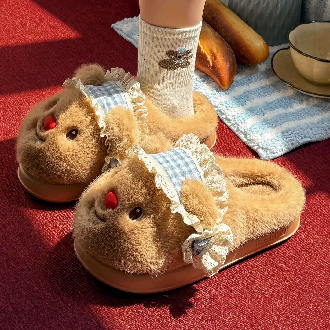 Cute Bear Plush Warm Thick-Soled Cotton Slippers for Women, Autumn and Winter Home Wear, Suitable for Students and Outdoor Use - Image 7