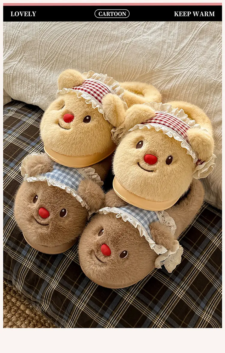 Cute Bear Plush Warm Thick-Soled Cotton Slippers for Women, Autumn and Winter Home Wear, Suitable for Students and Outdoor Use — feature 1